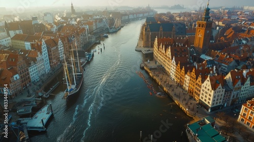Gdansk, Poland,Europe. Beautiful panoramic aerial photo from drone to old city Gdansk, Motlawa river and Gothic St Mary church, city hall tower, the oldest medieval port crane (Zuraw) and old houses 