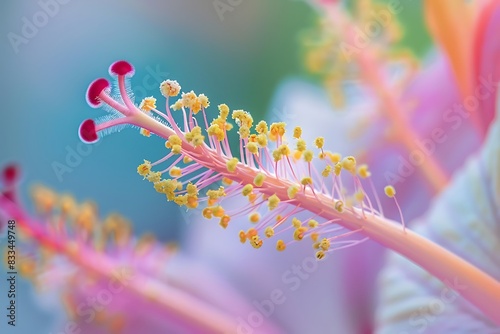 A macro shot of the delicate, colorful pistils of a hibiscus