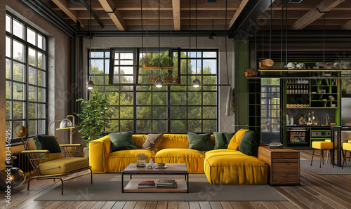 Duzy salon w stylu skandynawskim - wielkie okna, drewniany strop, żólta kanapa, stół, zielone poduszki, zieleń za oknem.