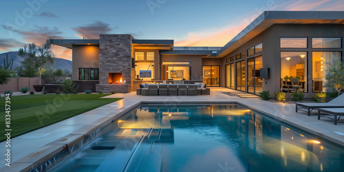 A modern, luxurious home in front of the pool with outdoor seating and a fireplace at dusk, with desert mountains visible through large windows. The house has stone walls on two sides and glass doors 