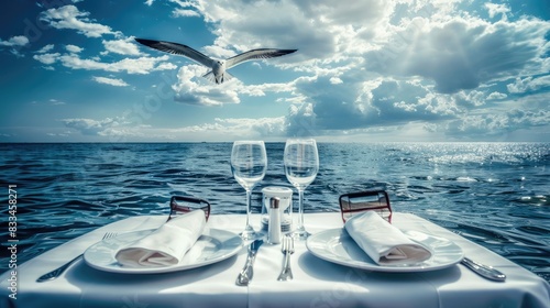a luxurious cruise ship against a backdrop of a vivid blue sky, fluffy white clouds, and the tranquil sea, with a flying petrel soaring overhead, and a festively set table for two people on the deck.