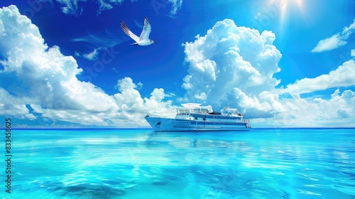 a luxurious cruise ship against a backdrop of a vivid blue sky, fluffy white clouds, and the tranquil sea, with a flying petrel soaring overhead, and a festively set table for two people on the deck.