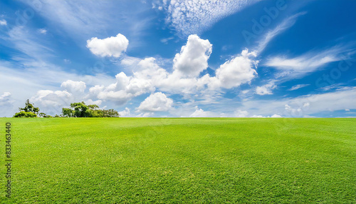 青い空と芝生の広がる広場。A square with blue skies and grass.