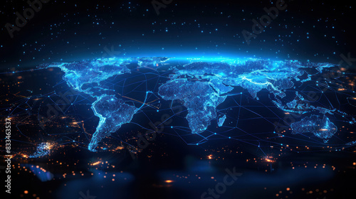 Digital world map highlighting interconnected nodes, reflecting global partnerships. Illuminated pathways denote thriving international business links.