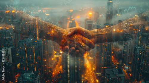 handshake over a bustling city, enhanced by digital effects, highlighting the synergy between urban growth and modern business practices.