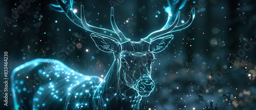 Closeup of teal holographic deer, glowing antlers, dark backdrop