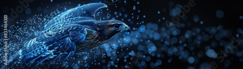 Digital hawk with blue glowing dots, dark background, midflight