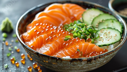 Fresh salmon sashimi bowl with roe, cucumber, rice, dark background, Japanese cuisine