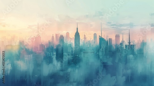 Early morning cityscape, long shot with soft watercolor hues, delicate light peeking through buildings, gentle mist settling over the urban landscape, serene and atmospheric