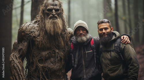 Two hikers posing next to a large, mythical forest creature in a magical foggy woodland, invoking fantasy and adventure