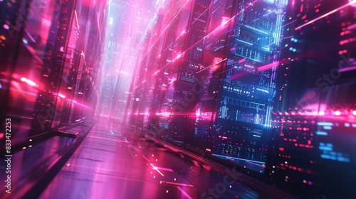 High-angle view of a glossy, advanced AI server room in processing mode, sleek cables and blinking lights, digital CG 3D, ultra-modern tech aesthetic