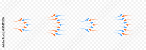Vector set of arrows png. Heat and cold arrows png. Heat and cold flow. Red and blue arrows on an isolated transparent background.