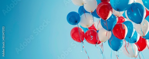 A group of colorful balloons in red, white, and blue floating against a clear blue sky. Perfect for celebrations and festive events.