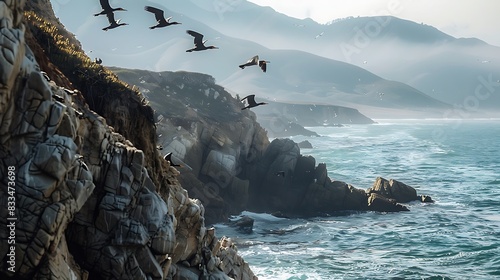 Cormorants flying in formation over rocky cliffs overlooking the ocean and mountains.