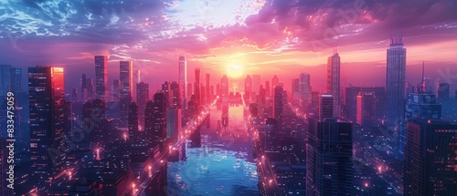 Panoramic view of a futuristic cityscape at dusk