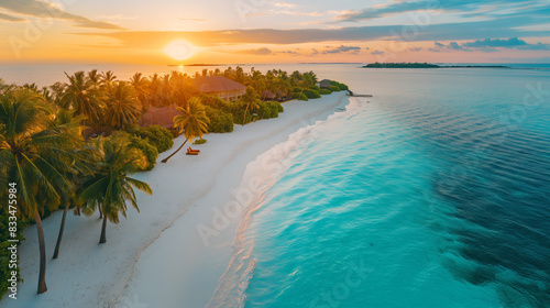 Aerial white sand sunset beach with palm trees from top view. Summer seascape Maldives island ocean background from air. Panoramic tropical holiday summer vacation wide beach landscape concept image