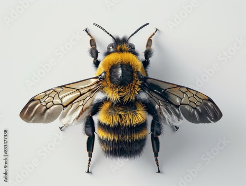 Closeup image of a bee, highlighting the fine details of its body and wings Set against an isolated white background, perfect for use with text or additional design elements