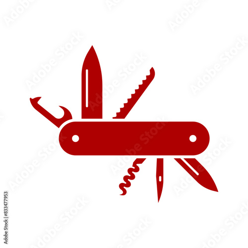 Red swiss knife silhouette. Pocket knife vector illustration. Multi tool icon.