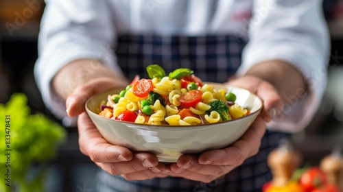 A chef is holding a bowl of pasta with vegetables in it