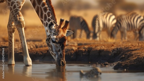 Giraffe Drinking at Watering Hole Surrounded by Zebras: Savannah Wildlife Scene.