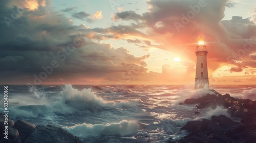 A super realistic scene of a lighthouse on a rocky coast with waves crashing