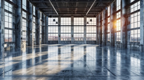 Spacious empty industrial warehouse with large windows and shiny concrete floor, illuminated by natural sunlight from the large windows.