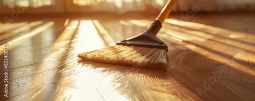 Sunlit wooden floor being swept with a broom. Cozy home interior, cleanliness, and morning chores. Household cleaning concept.