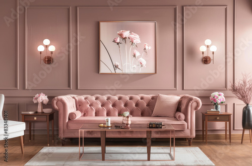 a cozy living room with wooden paneling, a pastel sofa and abstract paintings on the wall. In front is an elegant coffee table with soft pink pillows and a throw blanket