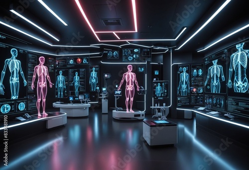 A futuristic medical facility with holographic displays projecting personalized treatment plans for chronic diseases.