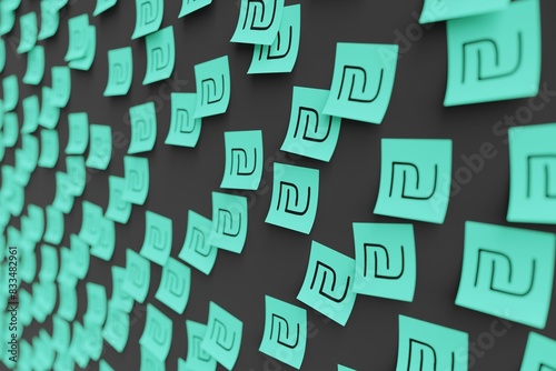 Many teal stickers on black board background with symbol of Israel shekel drawn on them. Closeup view with narrow depth of field and selective focus. 3d render, illustration