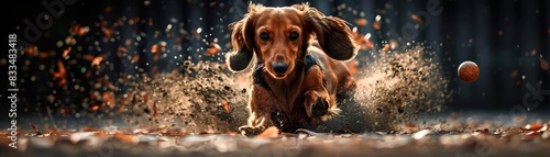 Energetic dachshund chasing a ball outside on a sunny day, capturing the playful joy and lively spirit of this adorable dog in motion.