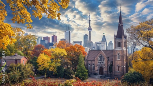 Panoramic view of St Andrew's Presbyterian Church and CN Tower - Toronto, Ontario, Canada 