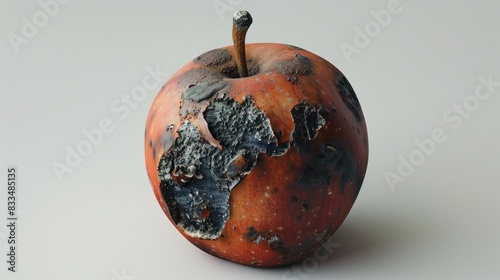 A rotten apple with dark, sunken areas and mold, sitting alone on a white surface, showcasing the effects of spoilage