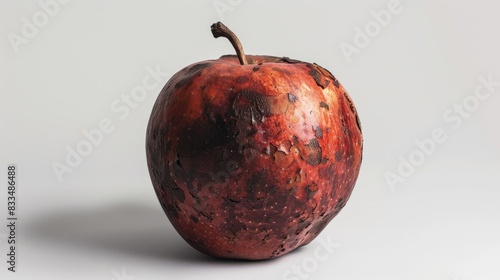 A single, decayed apple with a wrinkled surface and dark, rotten patches, set against a white background to emphasize the damage
