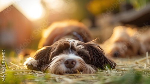 A cute dog relaxing on hay in a sunny countryside setting, with another dog resting in the background, surrounded by warm sunlight.