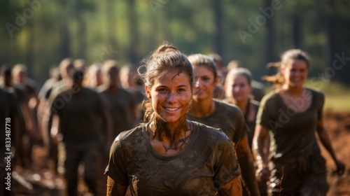 A smiling, mud-covered woman conquers a challenging outdoor obstacle race with teammates