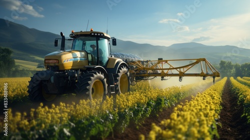 A yellow and grey tractor actively sprays crops in a field with blue skies and hillside in the background