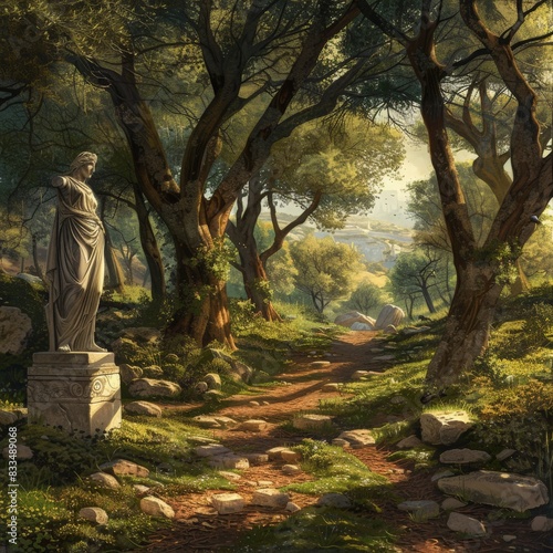 A sacred grove with a statue of Athena, surrounded by olive trees and offerings, reflecting ancient Greek religious practices 