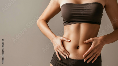 Fat Woman Touching Stomach In Studio With Liposuction Mockup, Weight Loss Concept For Health And Fitness Advertising