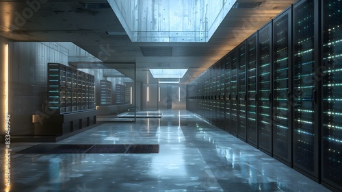 Futuristic server room with supercomputers