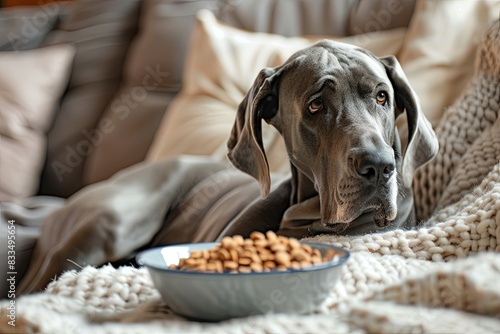 A Great Dane dog is comfortably laying on a couch, next to a bowl of food