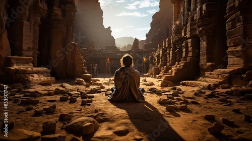 A person is seated facing away from the camera, contemplating amidst the ruins of an ancient city as the sun sets, casting warm light
