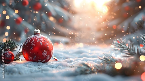 Red Christmas ball and snowy ground