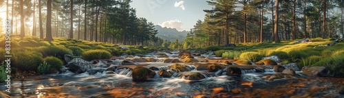 Scenic forest river landscape at sunrise with flowing water, rocks, and lush greenery under a clear sky, capturing serene natural beauty.