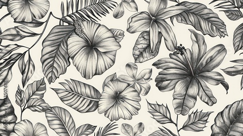 Nature farming theme, Black white botanical leaves flowers pattern design illustration background.
