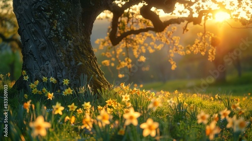 Golden sunlight filters through the branches of a tree, illuminating a meadow of wild yellow flowers at dawn.