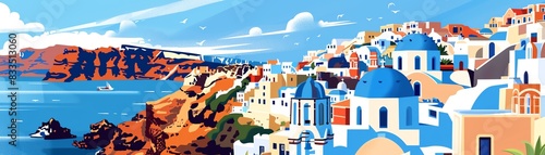 Santorini, Greece. A beautiful island with white-washed buildings and blue-domed churches. A popular tourist destination.