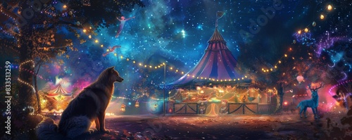 At a magical circus under the stars a Golden retriever and blue Maine Coon watch acrobats and magicians perform