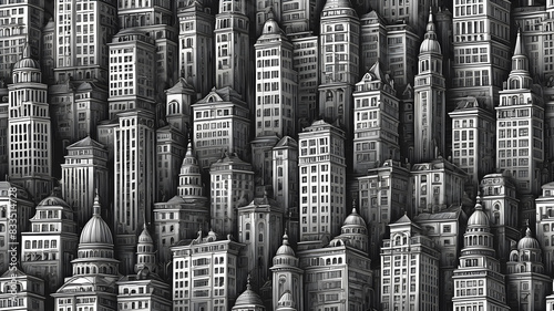 City Seamless Pattern is hand drawing of different building typologies. Illustration is in eps8 vector mode, black fill is on separate layer. Generative AI