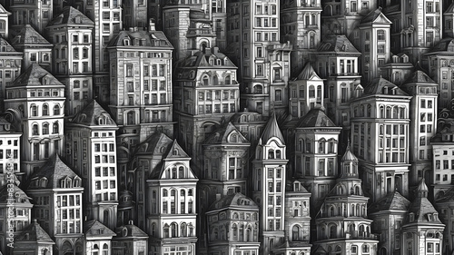 City Seamless Pattern is hand drawing of different building typologies. Illustration is in eps8 vector mode, black fill is on separate layer. Generative AI